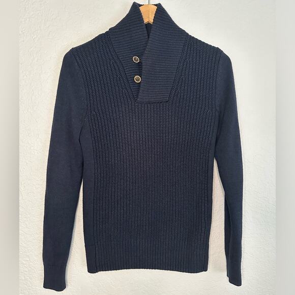 NEW H&M Navy Blue Fisherman Sweater Shawl Collar Long Sleeve Fall XS Preppy Wool - Picture 1 of 7